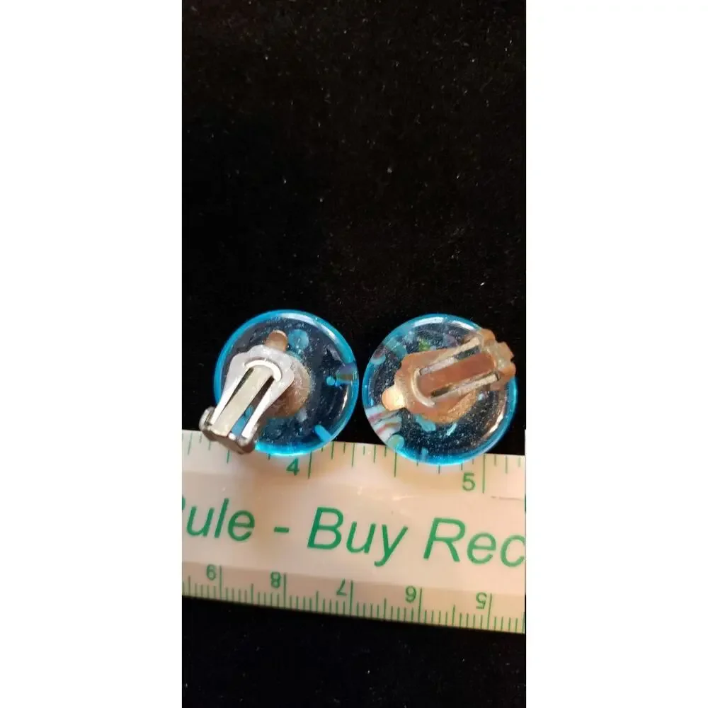 Vintage Blue Embedded Millefiore Lucite Clip-On‎ Earrings- Colorful Retro bcl-22